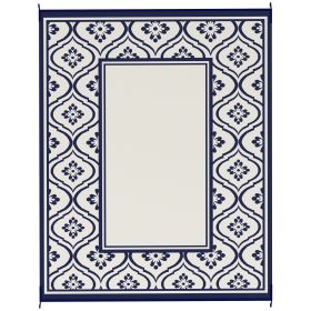 Reversible Outdoor Rug, Waterproof Plastic Straw with Carry Bag, 8' x 10', Blue & White Gourd Border