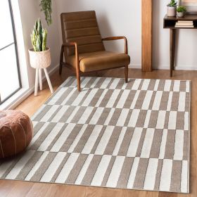 Step Collection High-Low Striped Beige/Cream Indoor Area Rug, 5'3''x7'6'', Modern, Contemporary, Non-Shedding & Easy to Clean, Ideal for Living Room