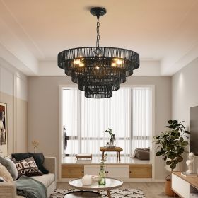 24" Rustic 5-Tier Black Hemp Rope Pendant Light Chandelier with 8 E12 Sockets, Boho Farmhouse Ceiling Fixture for Dining Room, Kitchen