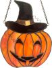 Carved Pumpkin with Witch Hat Tiffany Style Stained Glass Window Panel for Home Decor