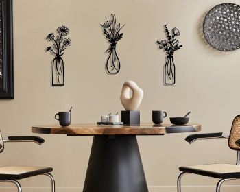 3 Pieces Metal Flowers Wall Arts - Rustic Farmhouse Decor Black Minimalist Flower Wall Decors for Living room Bathroom Bedroom Dining Room - Hous