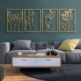 4 Pack Gold Wall Art Decor, Minimalist Single Line Real Metal Wall Art, Woman's Body Shape Abstract Wall Art (Gold Classic Style, 17 x 11.8'')