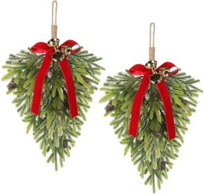 2PCS Christmas Decorations, Artificial Front Door Christmas Wreaths, Hanging Bell Bow Decorations, for Fireplace Home Holiday Wall Party Xmas Decor.