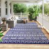 Reversible Outdoor Rug, Waterproof Plastic Straw with Carry Bag, 9' x 18', Blue & White Geometric Wall