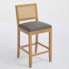 Set of 2 Full Solid Rubberwood Rattan Back Bar Stools, Matte Linen Upholstered Counter Height Stools with S-Spring Cushion, Rustic Natural Counter Cha