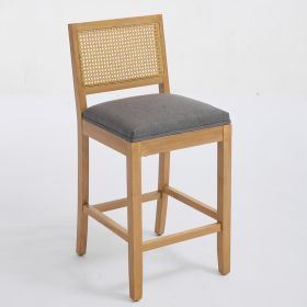 Set of 2 Full Solid Rubberwood Rattan Back Bar Stools, Matte Linen Upholstered Counter Height Stools with S-Spring Cushion, Rustic Natural Counter Cha (Option: Gray)