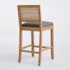 Set of 2 Full Solid Rubberwood Rattan Back Bar Stools, Matte Linen Upholstered Counter Height Stools with S-Spring Cushion, Rustic Natural Counter Cha