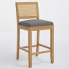 Set of 2 Full Solid Rubberwood Rattan Back Bar Stools, Matte Linen Upholstered Counter Height Stools with S-Spring Cushion, Rustic Natural Counter Cha