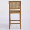 Set of 2 Full Solid Rubberwood Rattan Back Bar Stools, Matte Linen Upholstered Counter Height Stools with S-Spring Cushion, Rustic Natural Counter Cha
