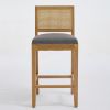 Set of 2 Full Solid Rubberwood Rattan Back Bar Stools, Matte Linen Upholstered Counter Height Stools with S-Spring Cushion, Rustic Natural Counter Cha