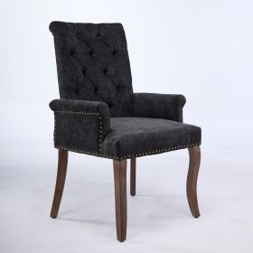 Upholstered Chenille Fabric Tufted Arm Dining Chair, Curved Solid Rubberwood Legs, Elegant Nailhead Trim Accent Chair for Dining Room Living Room & Of (Option: Black)