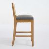 Set of 2 Full Solid Rubberwood Rattan Back Bar Stools, Matte Linen Upholstered Counter Height Stools with S-Spring Cushion, Rustic Natural Counter Cha