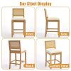 Set of 2 Full Solid Rubberwood Rattan Back Bar Stools, Matte Linen Upholstered Counter Height Stools with S-Spring Cushion, Rustic Natural Counter Cha
