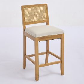 Set of 2 Full Solid Rubberwood Rattan Back Bar Stools, Matte Linen Upholstered Counter Height Stools with S-Spring Cushion, Rustic Natural Counter Cha (Option: Beige)