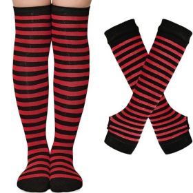 Halloween Striped Women Thigh High Socks Fingerless Gloves Arm Warmers Thigh Highs Over the Knee Socks Leg Warmers (Color: Black & Red Stripes)