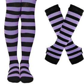 Halloween Striped Women Thigh High Socks Fingerless Gloves Arm Warmers Thigh Highs Over the Knee Socks Leg Warmers (Color: Black & Purple Stripes)
