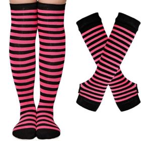Halloween Striped Women Thigh High Socks Fingerless Gloves Arm Warmers Thigh Highs Over the Knee Socks Leg Warmers (Color: Hot Pink & Black Stripes)