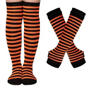 Halloween Striped Women Thigh High Socks Fingerless Gloves Arm Warmers Thigh Highs Over the Knee Socks Leg Warmers (Color: Orange & Black Stripes)