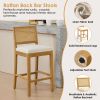 Set of 2 Full Solid Rubberwood Rattan Back Bar Stools, Matte Linen Upholstered Counter Height Stools with S-Spring Cushion, Rustic Natural Counter Cha