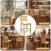Set of 2 Full Solid Rubberwood Rattan Back Bar Stools, Matte Linen Upholstered Counter Height Stools with S-Spring Cushion, Rustic Natural Counter Cha
